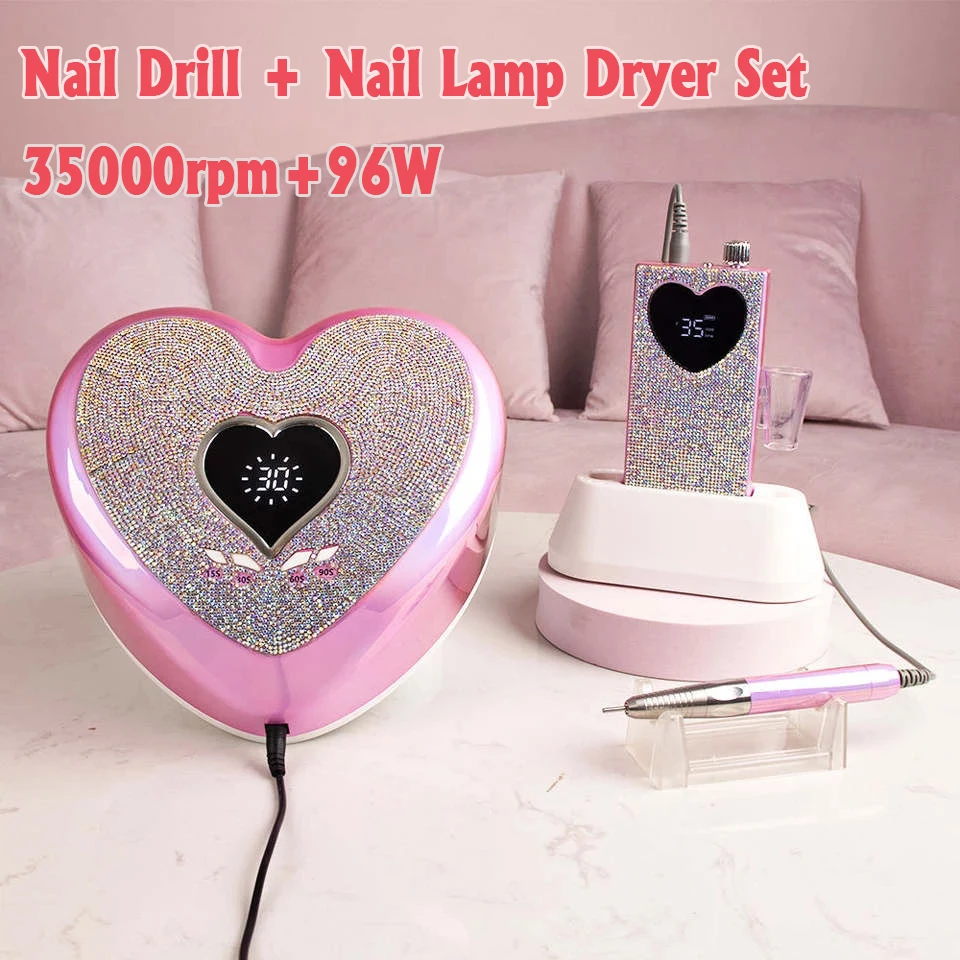 Machine de manucure professionnelle 96W Lampe à ongles UV-LED à séchage rapide Set Coeur rose Rechargeable 35000 Nail Art Drill Tool Kit Set