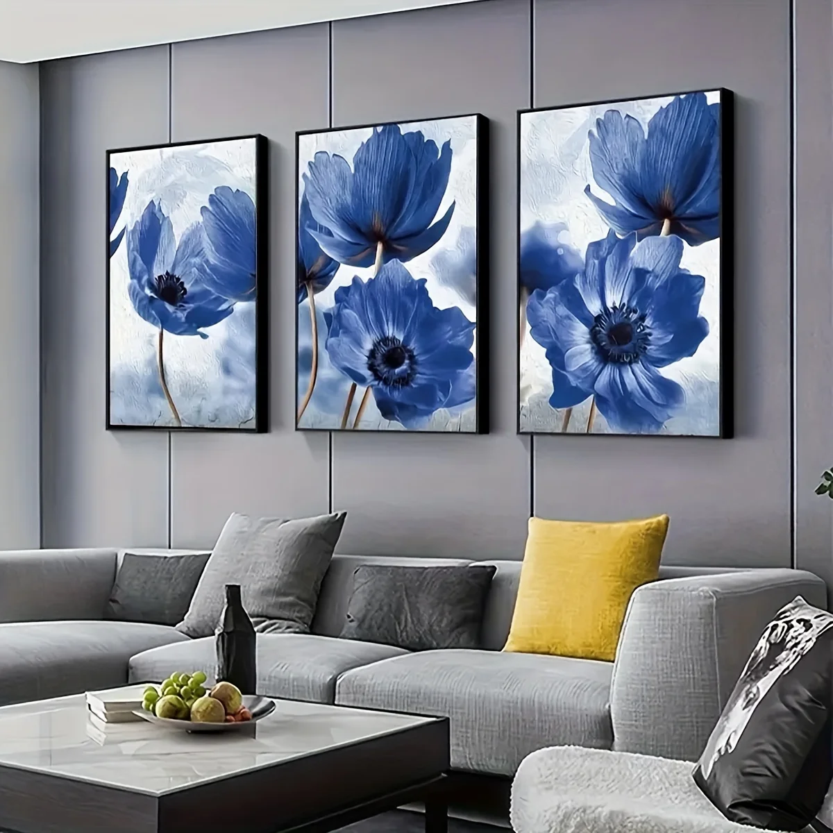 （No Frame 3PCS）-2D Flat, 2D/FLAT 3pcs Set Modern Abstract Art Beautiful Blue Flowers Canvas Print Poster, Home Decor, Minimal