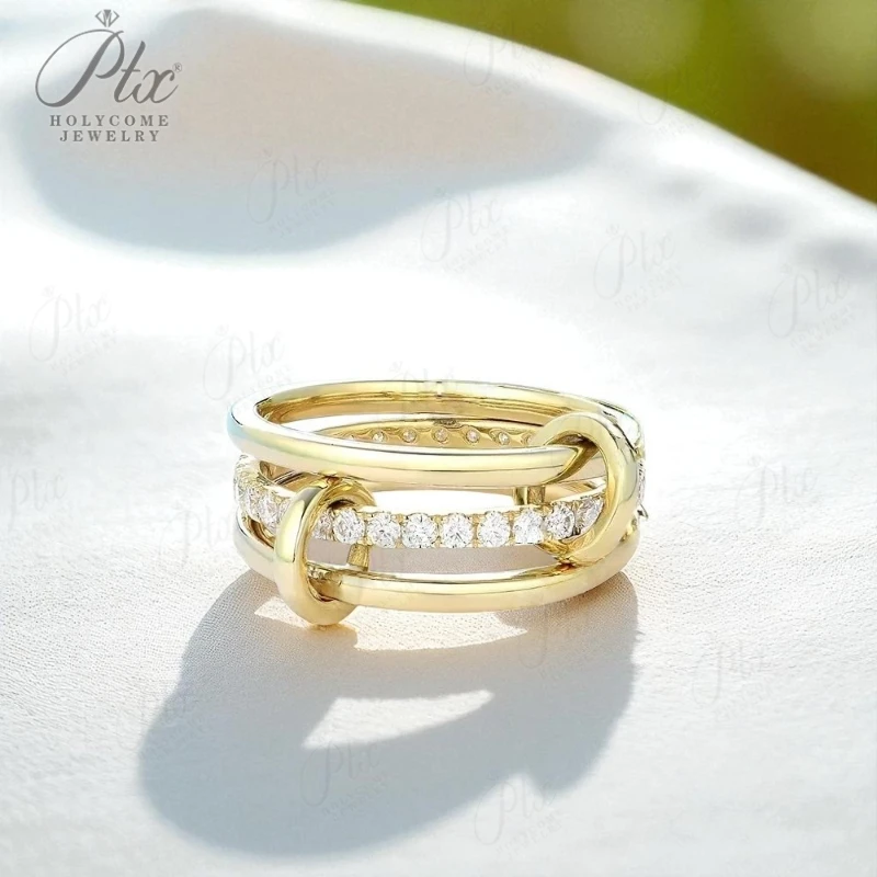 

Moissanite Rings Three Connected Band for Women Solid 18K 14K 10K 925 Silver Yellow Gold Suitable for Anniversaries