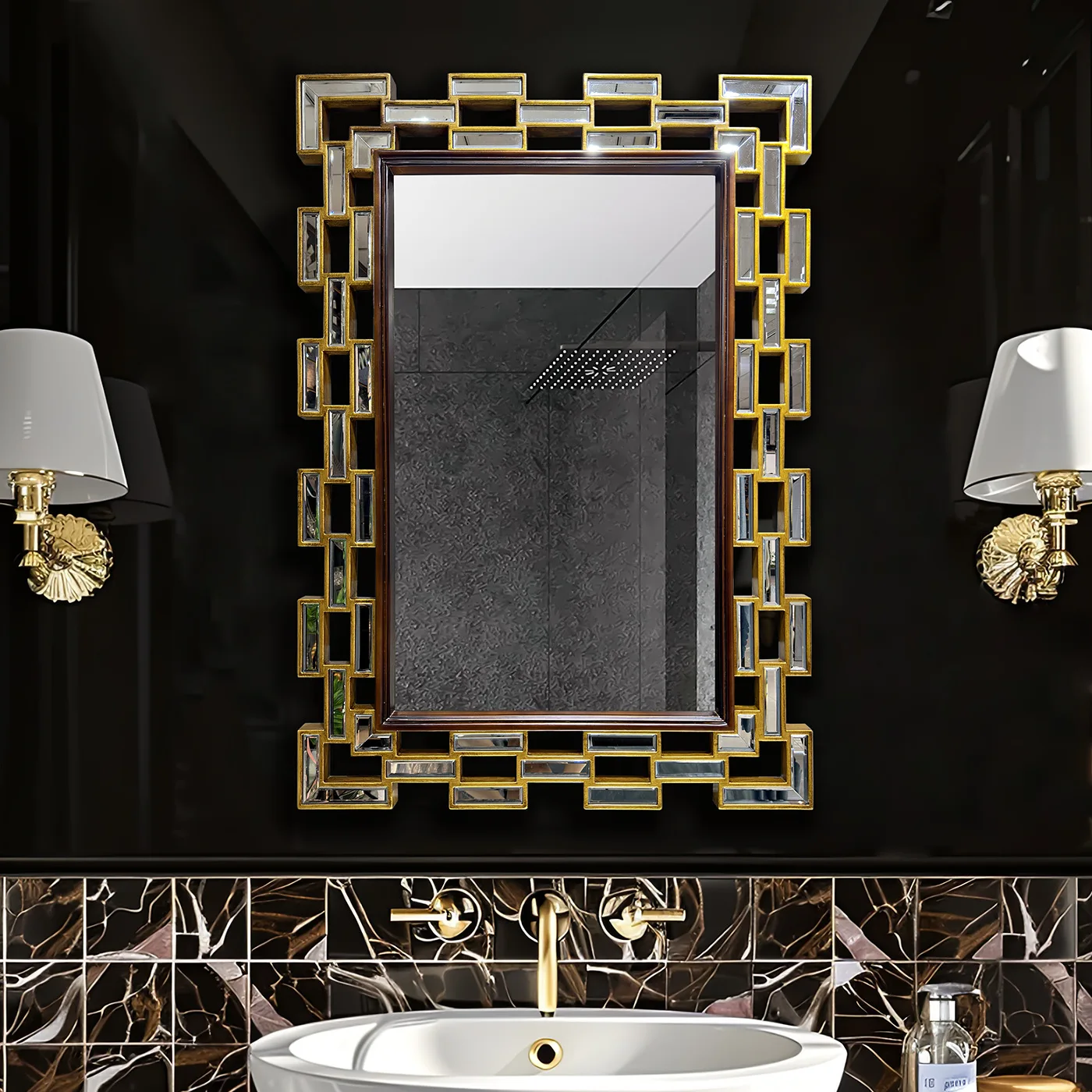 Light luxury square bathroom mirror makeup silver mirror hanging mirror living room