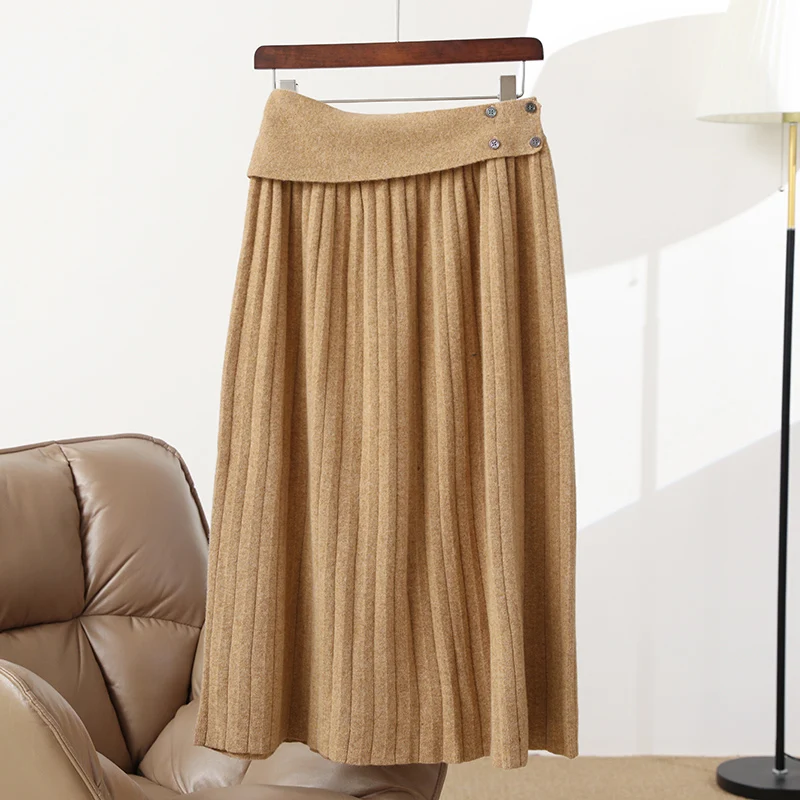 New Chic Women 100% Wool Skirt Pleated Skirt Autumn Winter Thick Casual Simple Grace Style 100% Merino Wool Knitted Skirt