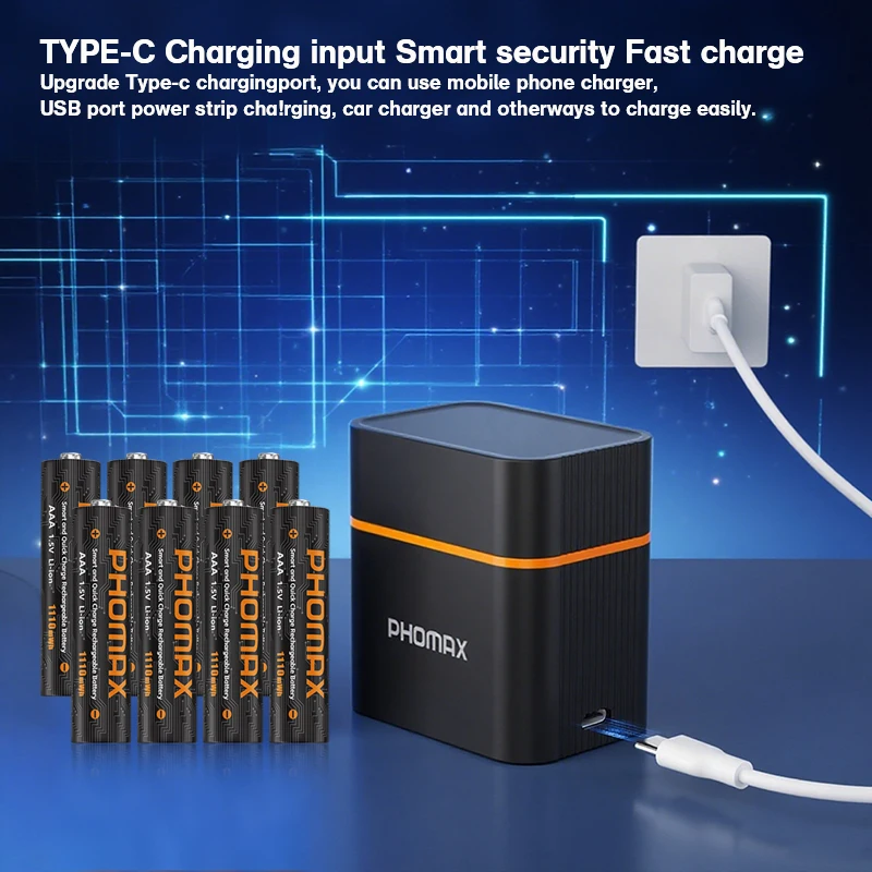 PHOMAX  Fast Charge Smart LED Light Charger 8PCS 1.5V Lithium-Ion AAA Batteries for Scooter Rechargeable Battery Pack