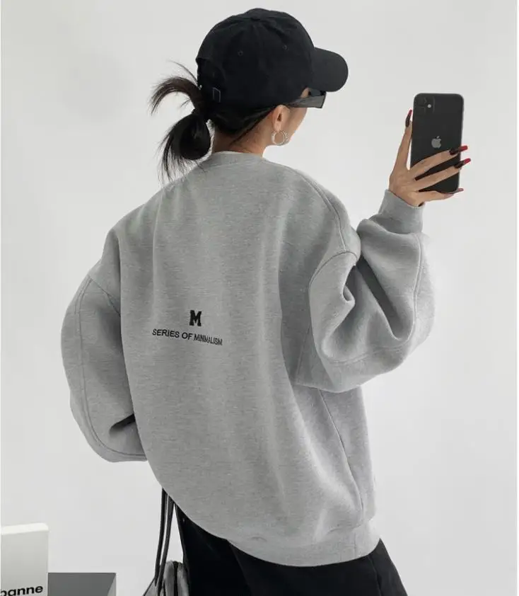 Women Autumn Loose Pullover Hoodies Students Fashion Embroidered Letter Sweatshirt Ladies Round Neck Sweater Velvet Korean Style