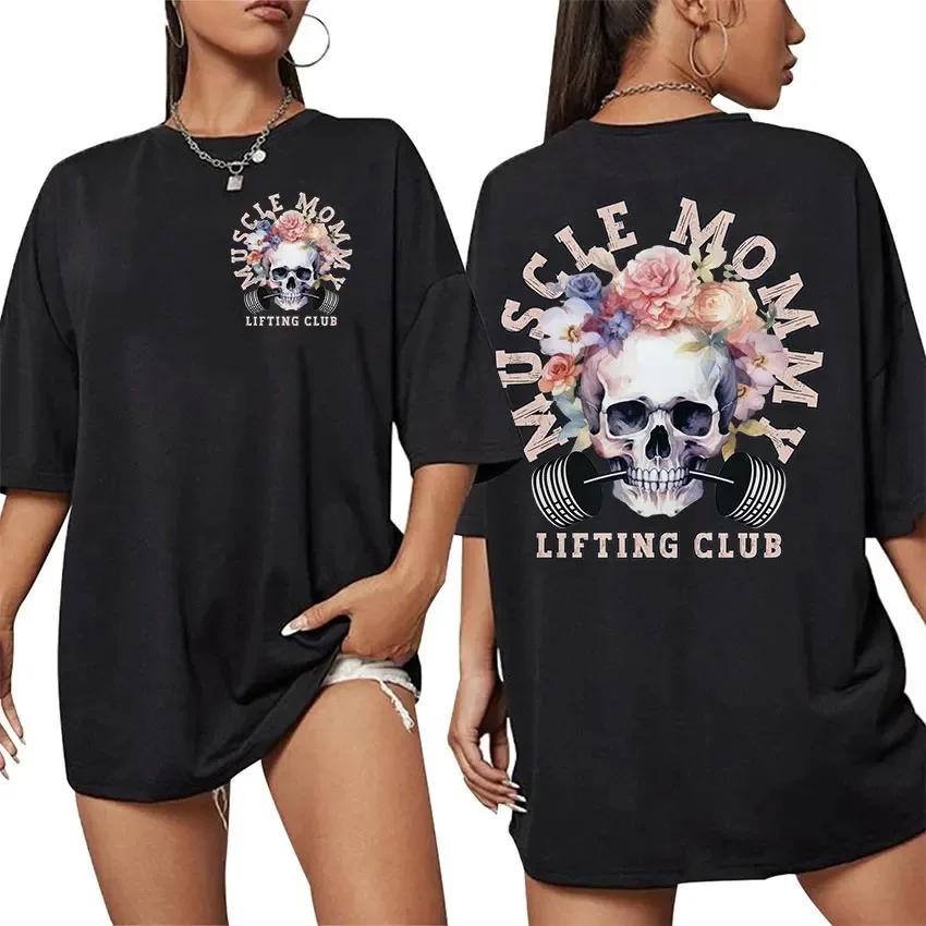 Camiseta de fitness Muscle Mom con estampado retro de calavera, manga corta, estilo urbano, cuello redondo, top de fitness con emoji