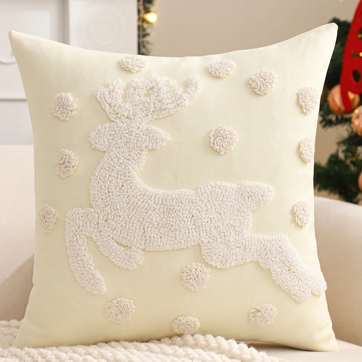 Getufteter Überwurf-Kissenbezug, Weihnachtsdekoration, Leinwand, Rentier, Winter, Bauernhaus, Zuhause, Sofa, Wohnzimmer, 45,7 x 45,7 cm