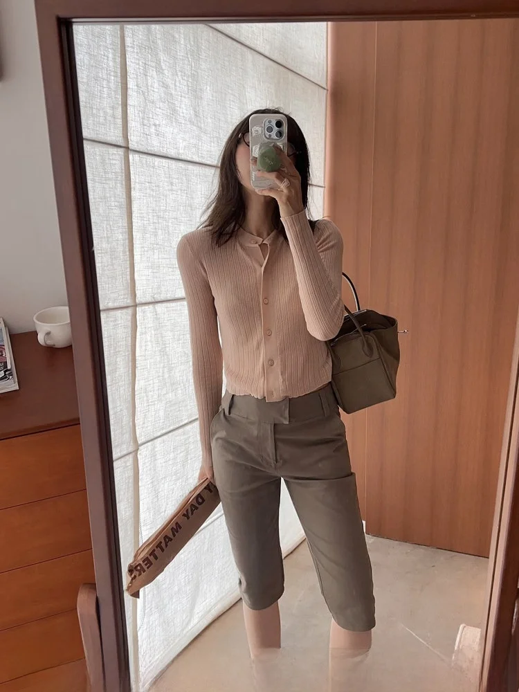 

Ohmyop Carbon inding Straight Leg High Waist Cotton Pencil Pants Women's Casual Trousers Ele Chic Summer Faion