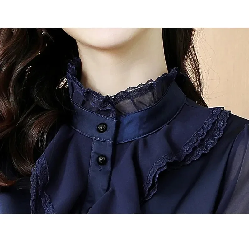 Elegant Lace Chiffon Blouse for Women, Ruffle Shirt, Casual Long Sleeve Tops, Dark Blue Button, Female Clothing, Fashion, 20389