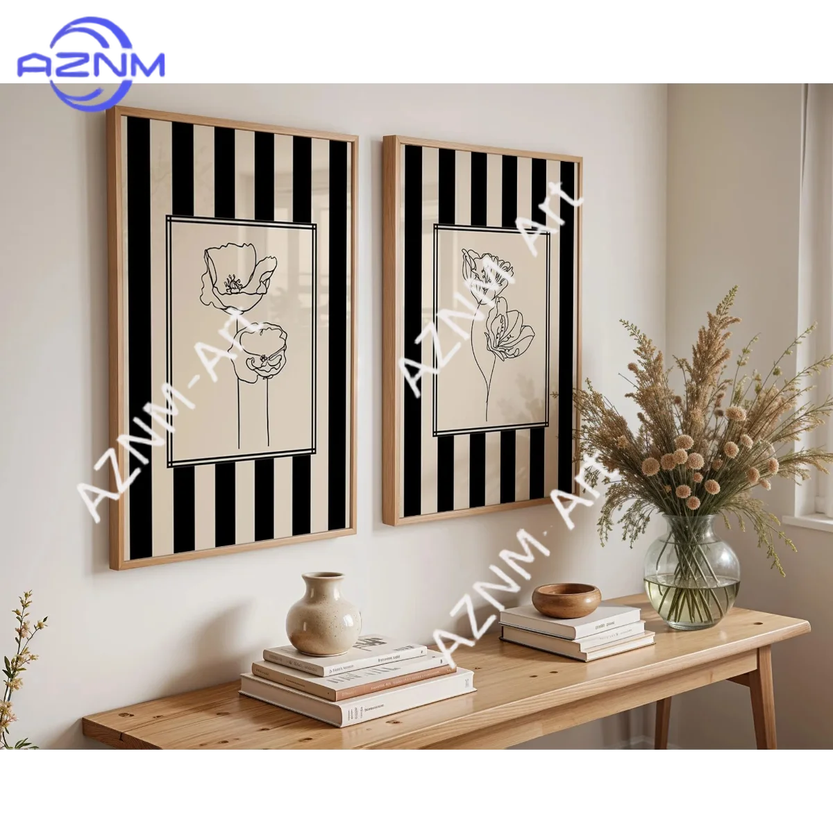 1/2 Stück Minimalistischer Linienkunstdruck mit Blumenmotiv, Gestreifte Wandkunst, Cottagecore Wandkunst, Natur-Linienzeichnungsdruck, Modernes Botanisches Poster