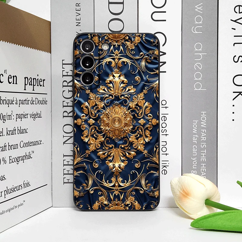 Custodia per telefono con motivo floreale in rilievo vintage dorato astratto per Samsung Galaxy S25 S24 + S23 Ultra S22 Plus S21 FE M53 Cover morbide