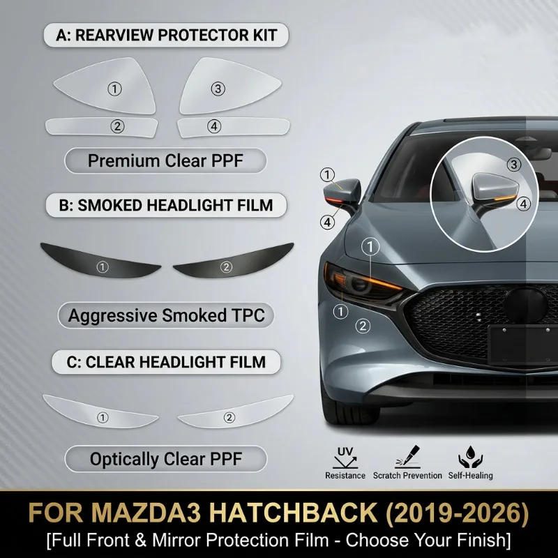 Car Headlight Rearview Mirror Paint Protection Film TPU Clear Decal Sticker For Mazda 3 Hatchback 2019-2026 Accessories Pre-cut