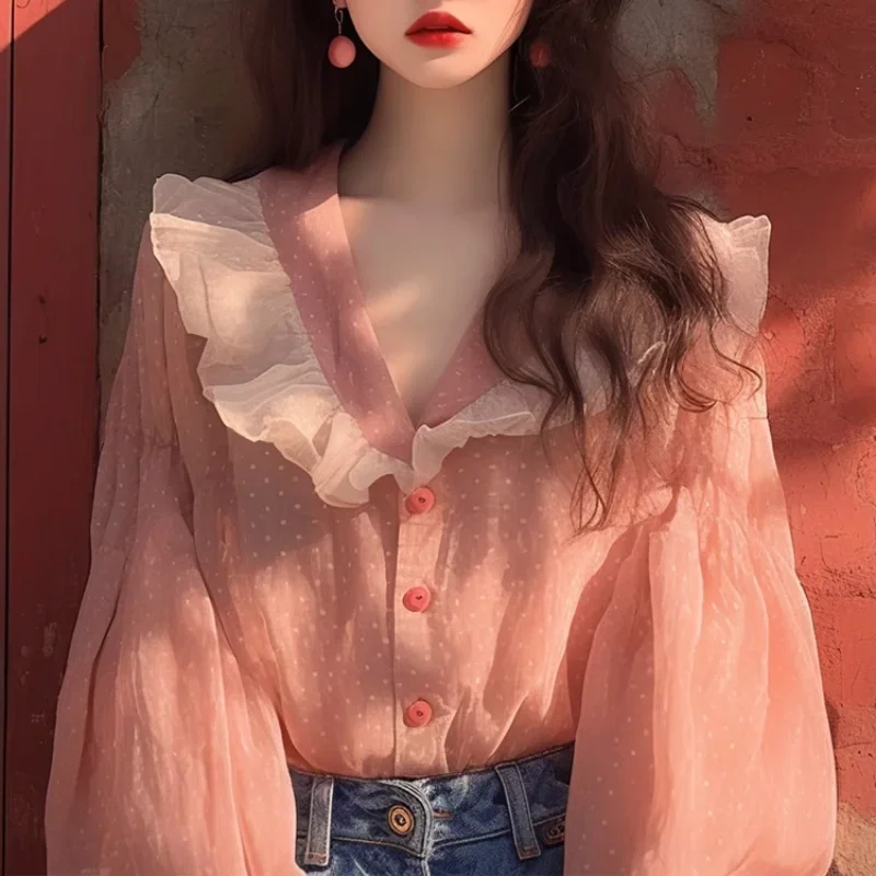 

Polka Dot Vintage Women's Blouses Spring/Summer New Patchwork Korean Shirts Loose Ruffle V-neck Top Women Clothing Sales