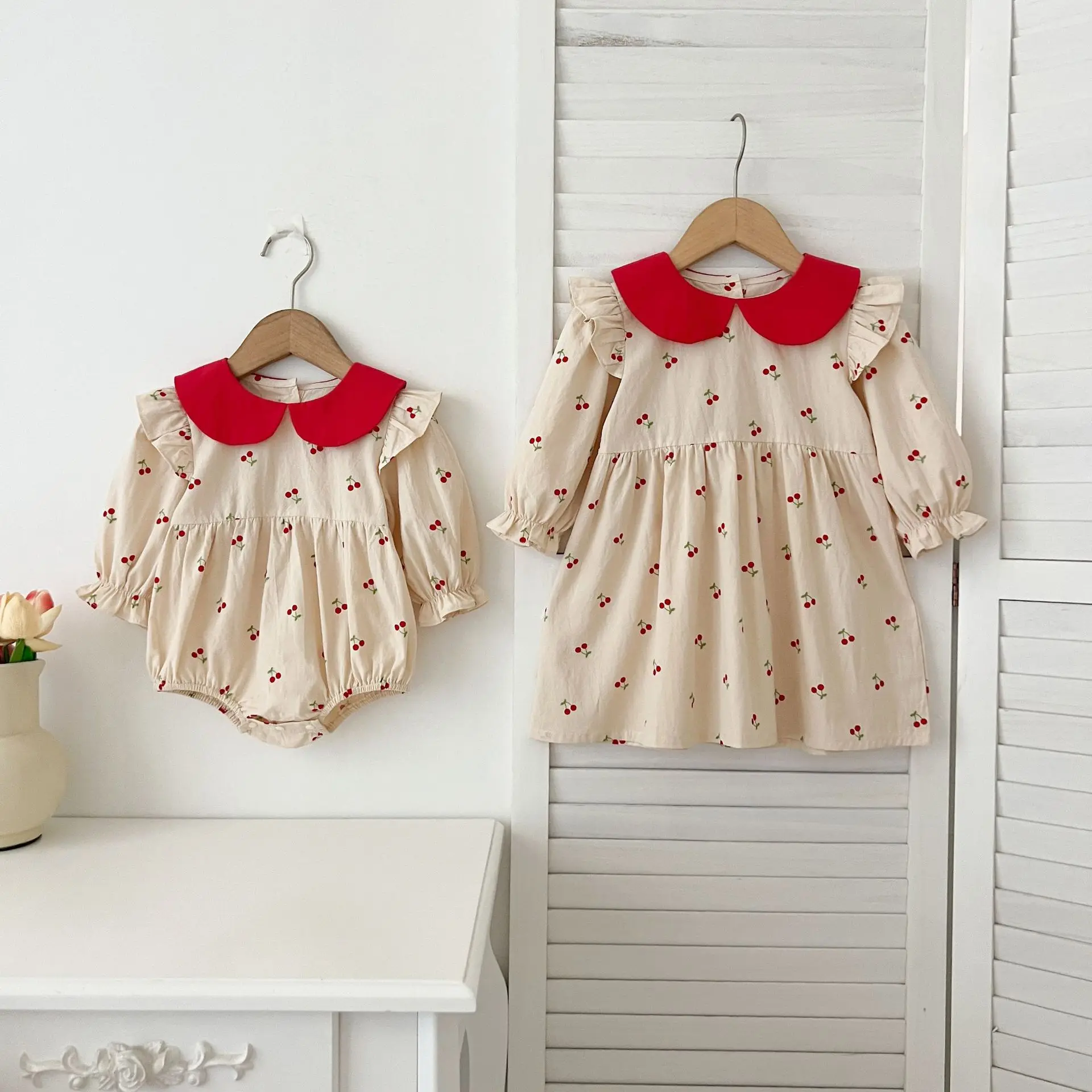 

Spring Autumn Baby Girl Red Cherry Print Peter Pan Collar Long Sleeve High-Quality Cotton Princess Dress Sibling Set