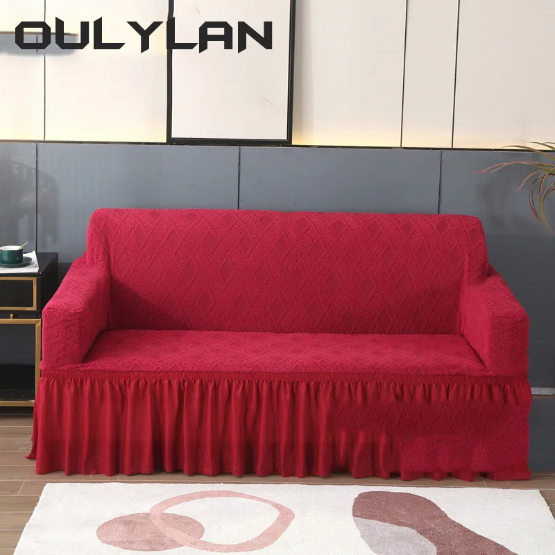 High Stretch Solid Color Sofa Cover For Living Room Spandex Corner Sofa Cover With Skirt Dustproof Non-slip Sofa Slipcover