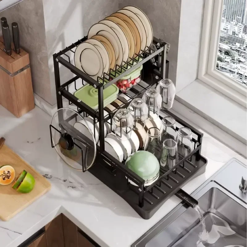 3 Layer Kitchen Sink Dish Drying Rack Black Metal Multi Functional Anti Rust Storage Drain Rack for Tableware