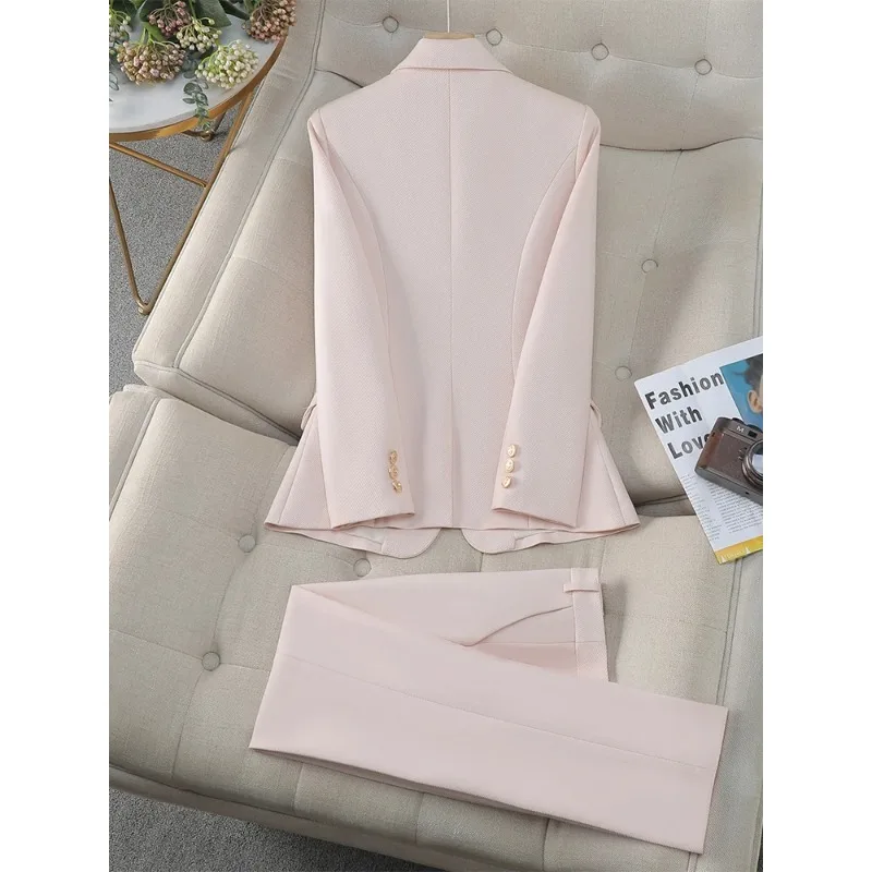 Cotton Women Pant Suit Ladies Blazer 2 Piece Set Jacket+Trouser Female Cotton Business Work Wear Solid Color One Button Outfit