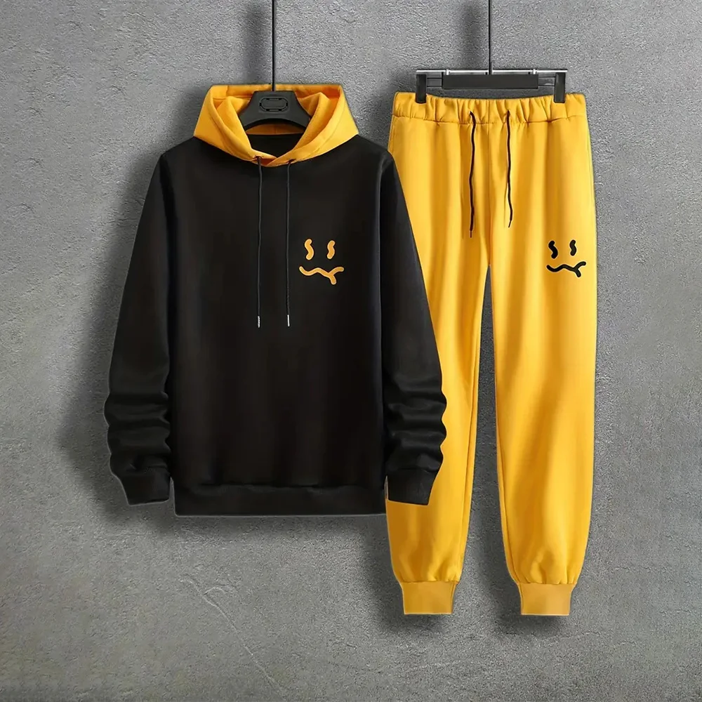 Cool Fashion Daily Shopping Wear Yellow And Black Hoodie Suit New Men\'s Sports Hoodie Suit Style Sports Style Hoodie Suit