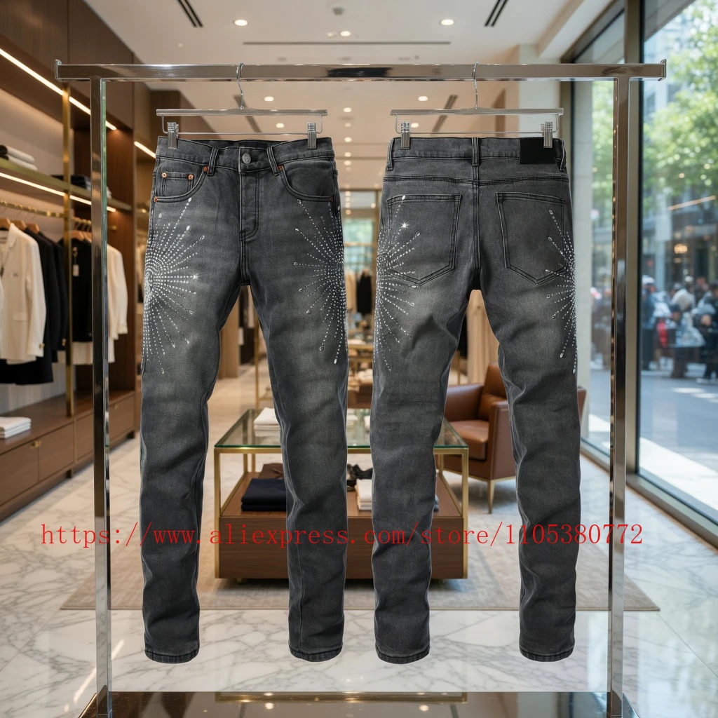 

26SS Black Gray Firework Rhinestone Jeans Men's Women's Slim-fit Jeans Button Waist Versatile Slim Long Pants