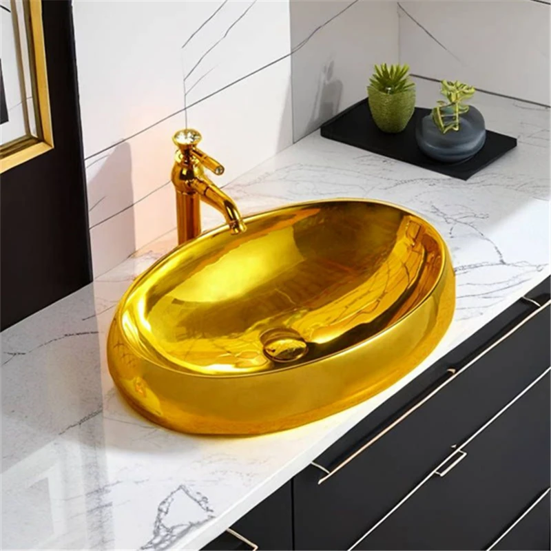 European-style local tyrant gold table basin, bathroom gold wash basin oval washbasin art basin wash basin simple