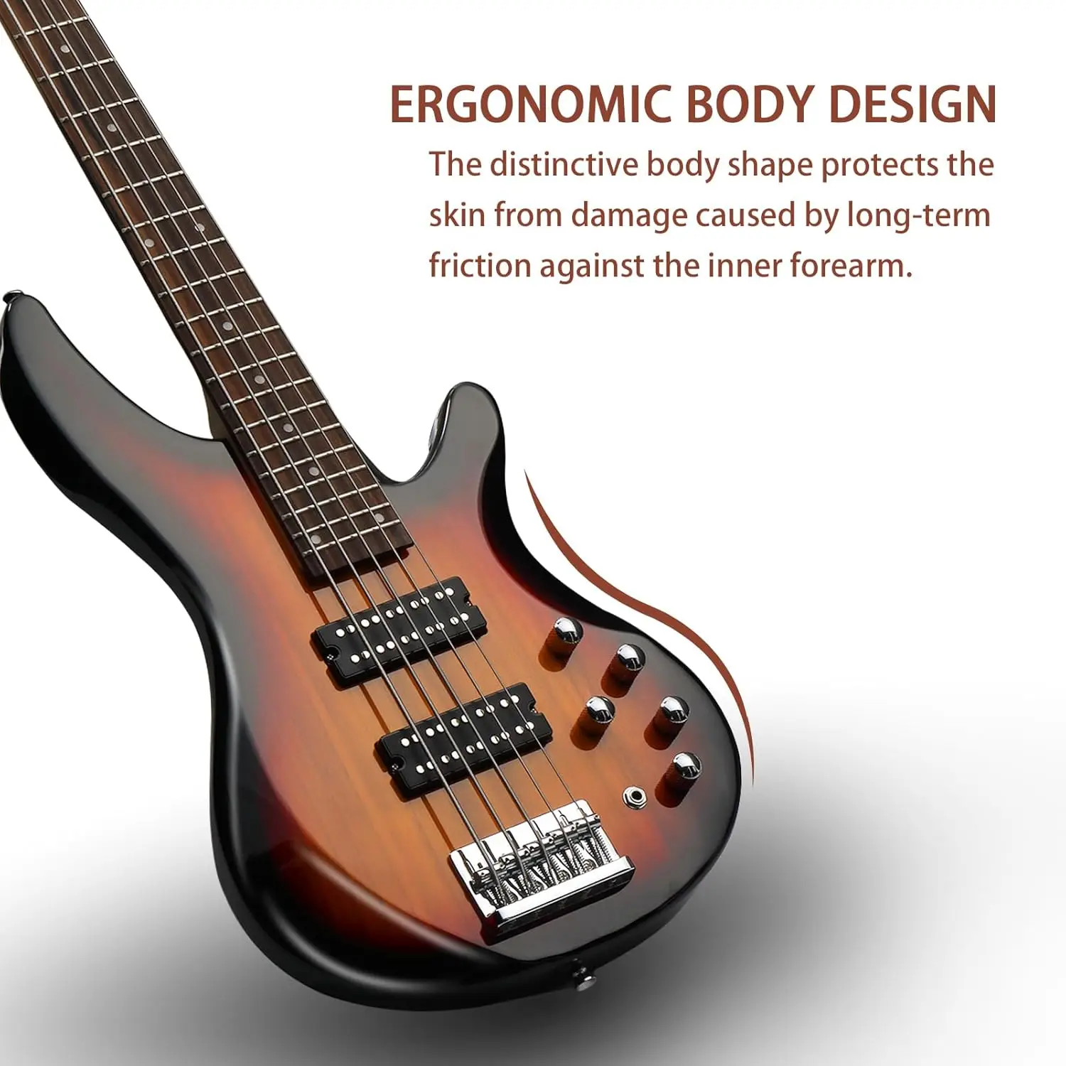 5-String Electric Bass Guitar, Full Size Standard Right-Handed, Rosewood Fretboard Bass Kit with Gig Bag, Strap, Cable, and Wrench Tool (Upgraded Sunset) view 3