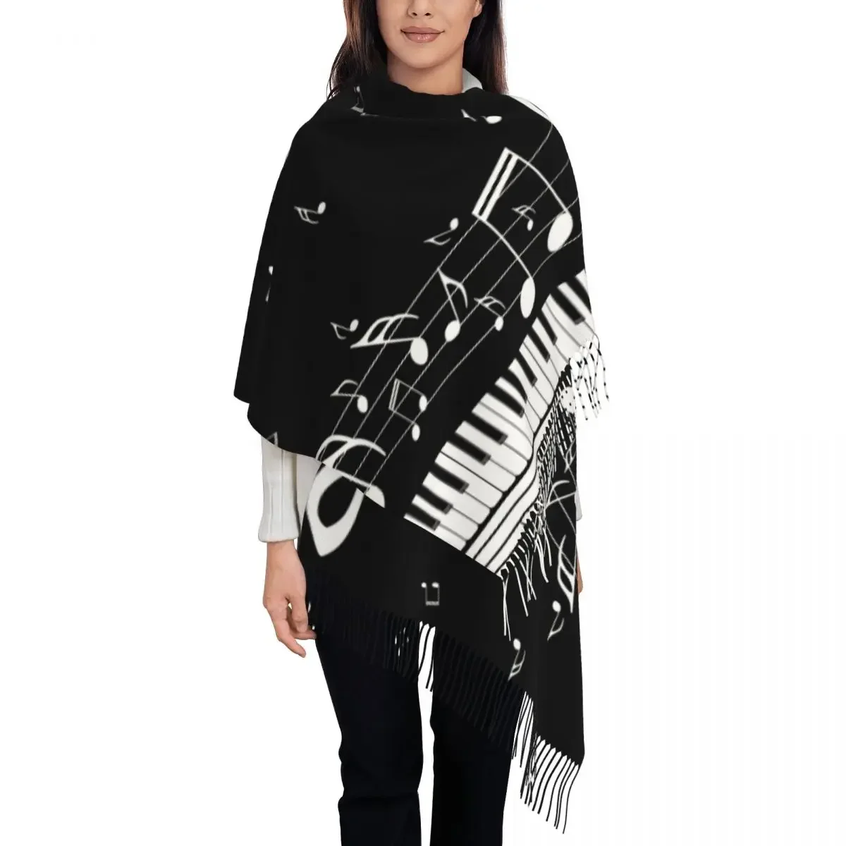 Abstract Piano Keys With Musical Notes Women's Tassel Shawl Scarf Fashion 