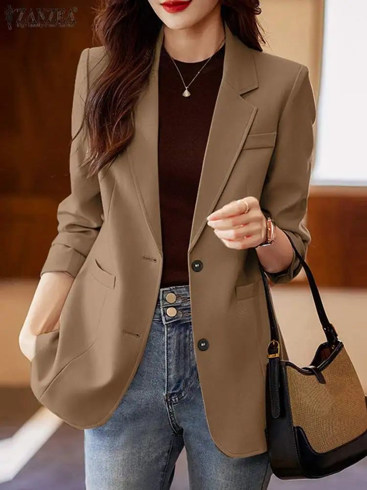 Elegant Laple Neck Long Sleeve Office Wear Blazer ZANZEA Women Autumn OL Work Jackets Casual Solid Suits Fashion Party Coats