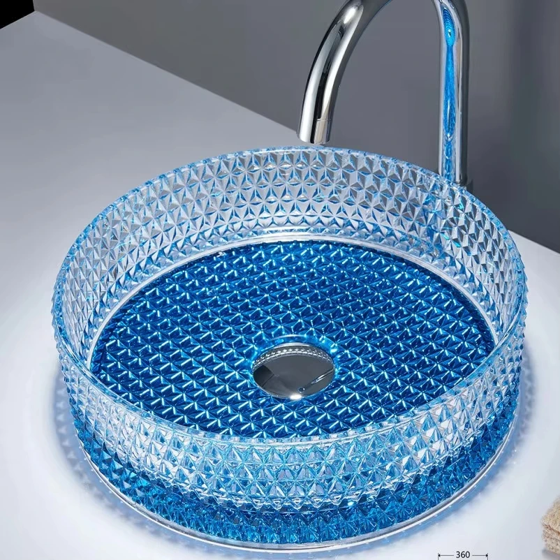 Amber Diamond Embossed Glass Vessel Sink 360mm Round Countertop Wash Basin Crystal Textured Art Sink Luxury Bathroom Hand Washin