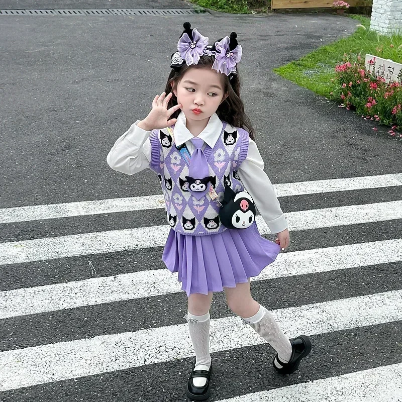 Sanrio Halloween Kuromi Girl College Dress Knitted Tank Tops Skirt Set Long Sleeves Girl Clothes Print Clothing Festival Gifts