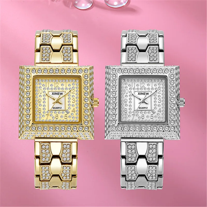 Relojes de diseñador de marca XINEW 2426 genuinos para mujer, reloj de cuarzo con fecha de lujo dorado y diamantes de Hip Hop, relojes femeninos a la moda