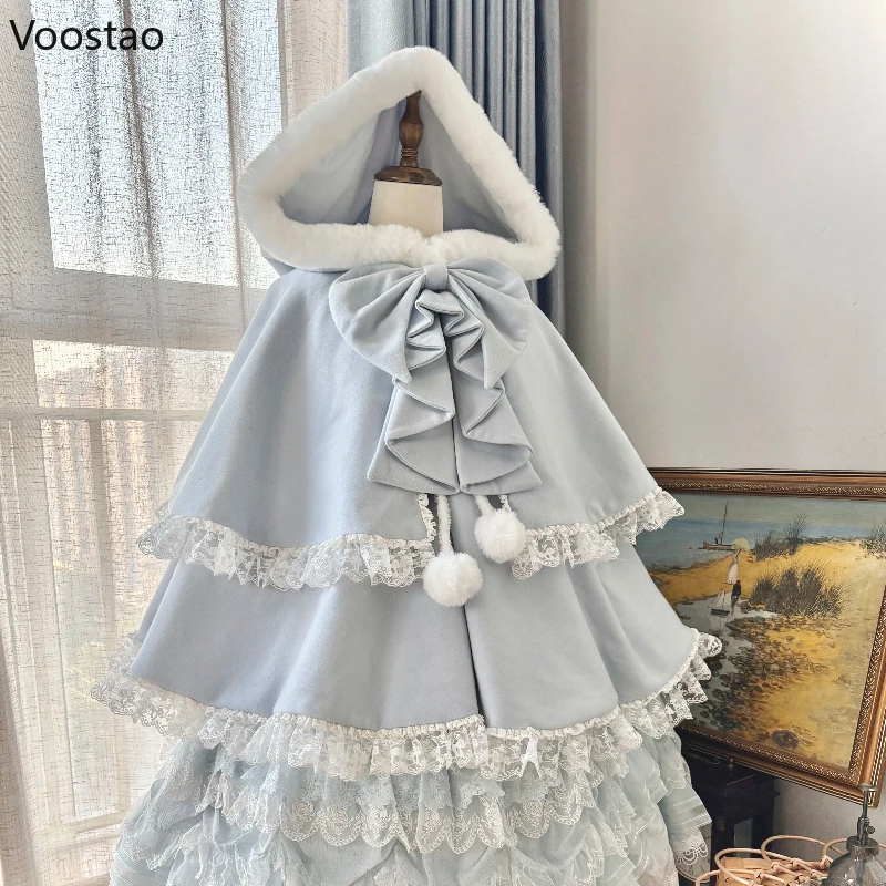 

Japanese Kawaii Bow Lolita Woolen Cloak Coat Girls Sweet Lace Ruffles Plush Loose Hooded Capes Harajuku Y2k Women Winter Jackets