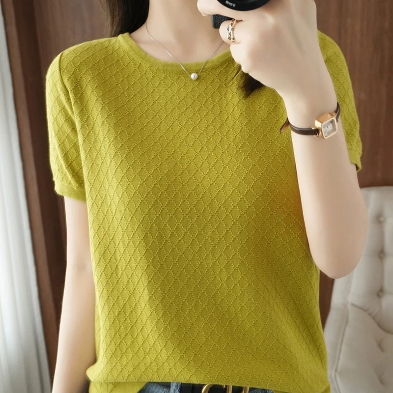 Plaid Knitted T Shirt Women Short Sleeve O-Neck Tee Shirt Korean Fashion Womens Clothing T Shirts Summer Tops Camisetas Mujer