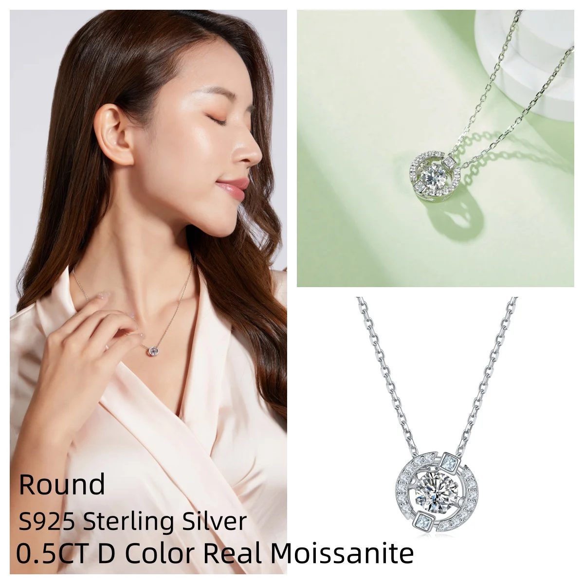 

0.5CT D Color Real Moissanite Round Pendant Necklace For Women S925 Sterling Silver Fine Jewelry Gift