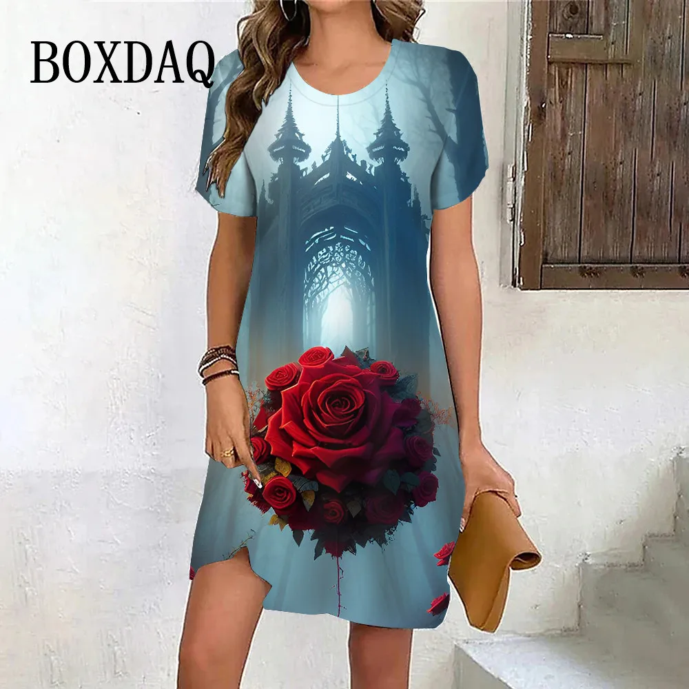 New Spring Fashion Gothic Style Red Rose Flower Print Dress Women Loose Plus Size Mini Dress Casual O-Neck Short Sleeve Clothes