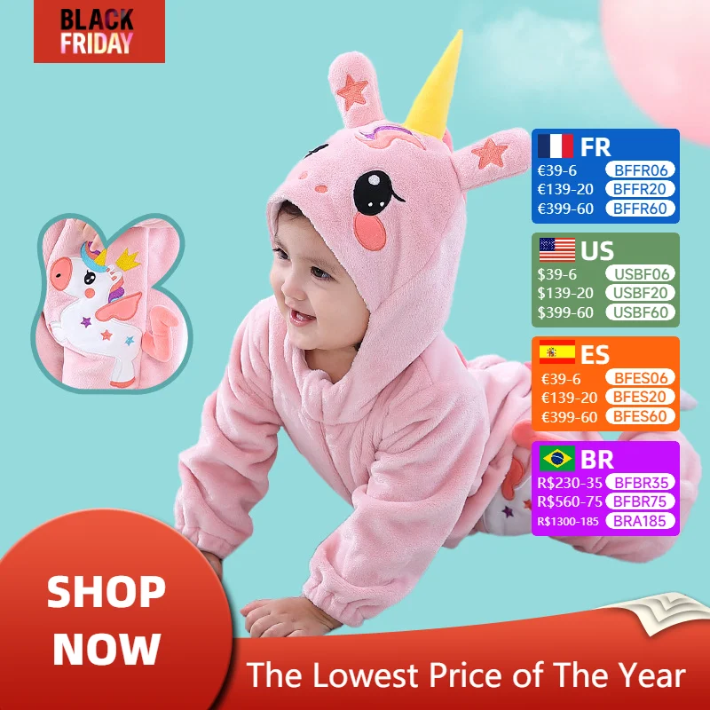 2024 Winter Lovely Baby Girls Clothes Boys Romper Unicorn Infant Onesie Bodysuit Cosplay Costume Hooded Zipper Jumpsuits Pajamas