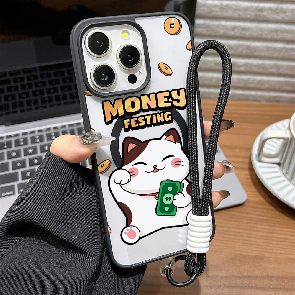 Funda de teléfono con carga inalámbrica Lucky Cat para iPhone 17 16 Pro Max 11 13 14 12 Air para Magsafe funda de silicona a prueba de golpes con correa