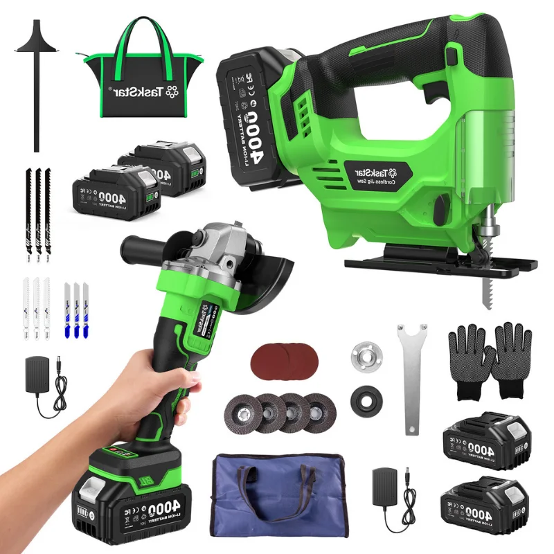 Taskstar Jig Saw Tool & Angle Grinder Electric Brushless Cordless Polishing Cutting Machine 9 Blades 0–45° Bevel Cutting 4 Orbital Setting Lightweight Electric Jigsaw Straight Curved Cuts With 2x4.0Ah Batteries
