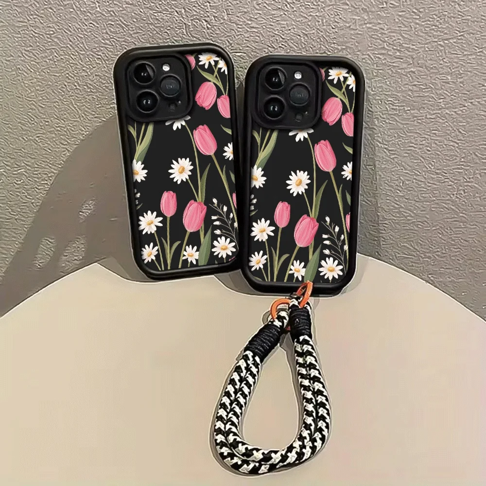 Tulip Daisy Strap Rope Handyhülle für iPhone 12 13 14 15 16 17 ProMax 15 14 13 Pro Plus 16 17 E Stoßfeste Matte Silikonhülle – Detail 2