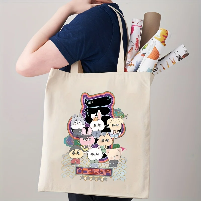 Cartoon Animal Pattern Tote Bag, Harajuku Canvas Handbags, Cute Kpop Anime Shoulder Bag