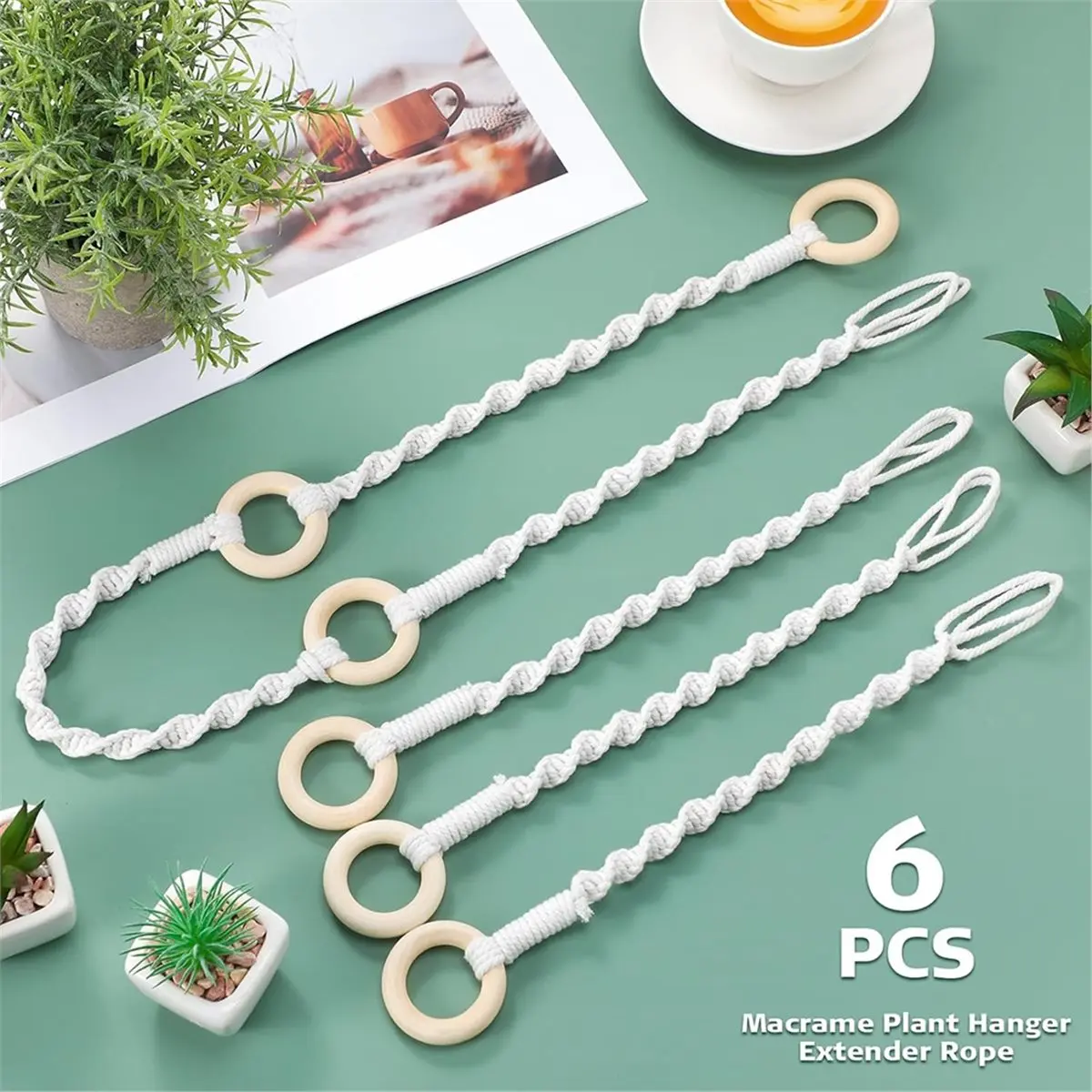6pcs Macrame Plant Hanger Extenders with Wooden Rings, Adjustable Handmade Woven Connectable Rope Extensions