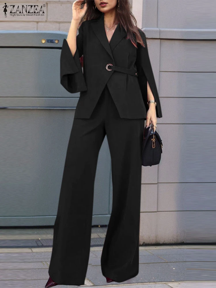 ZANZEA Autumn Fashion 2 Pieces Sets Women Solid OL Work Blazer Suits 2024 Elegant Long Sleeve Split Blouse Pant Sets 2PCS Outfit