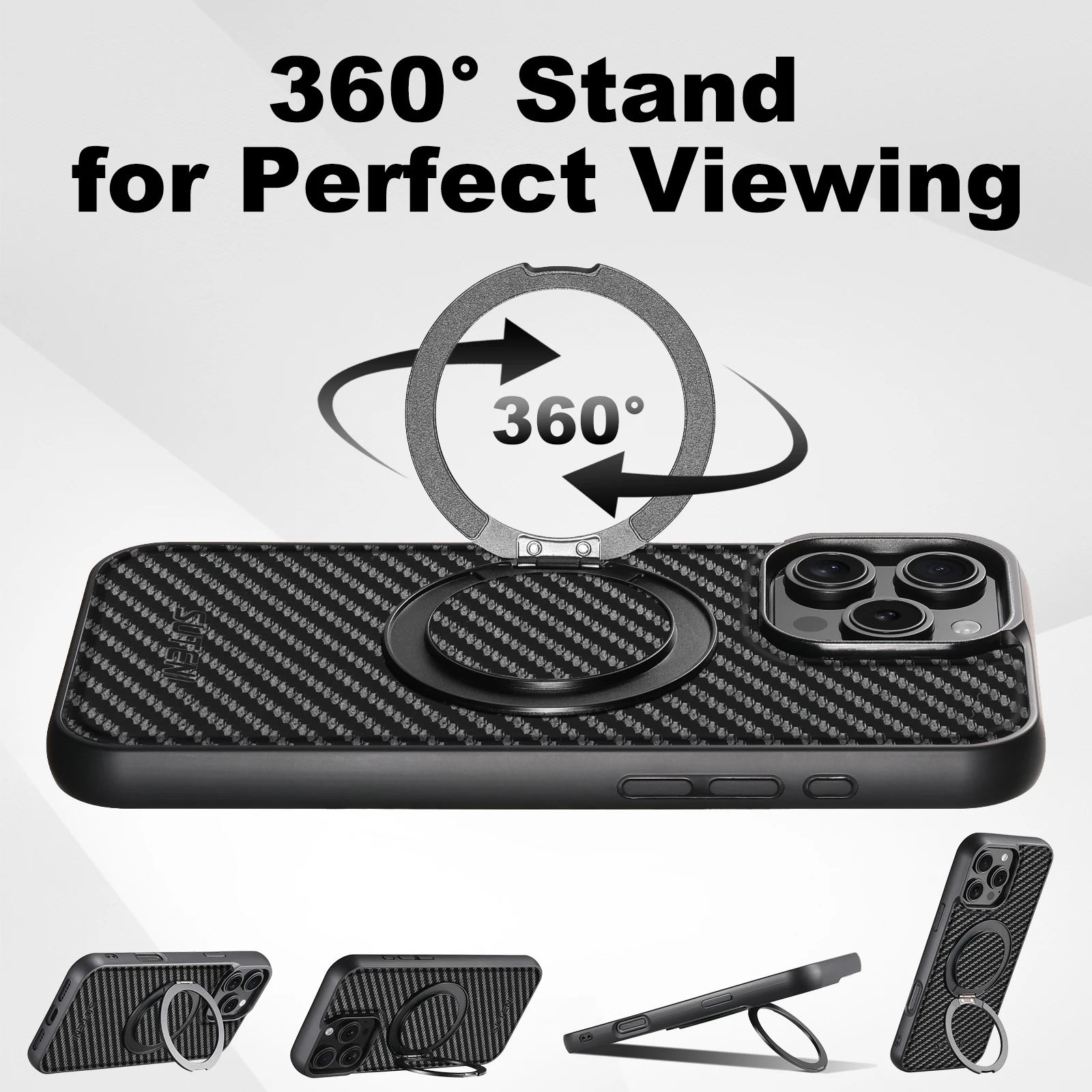 SUTENI Magnet Kabellose Ladehülle für Mobiltelefone 360 ° Drehbarer Ständer mit Kunstleder-Ringschnalle für iPhone 18 Pro Max 17 16 Plus – Detail 3