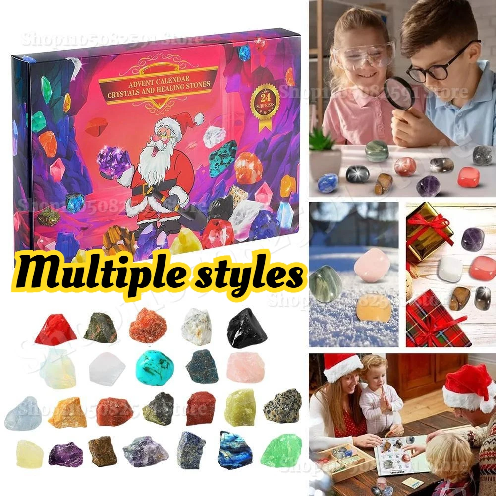 تقويم قدوم عيد الميلاد 24 يومًا صندوق معدني من الأحجار الكريمة والكريستال الطبيعي مجموعة روك كاملة هدايا عيد الميلاد للأطفال