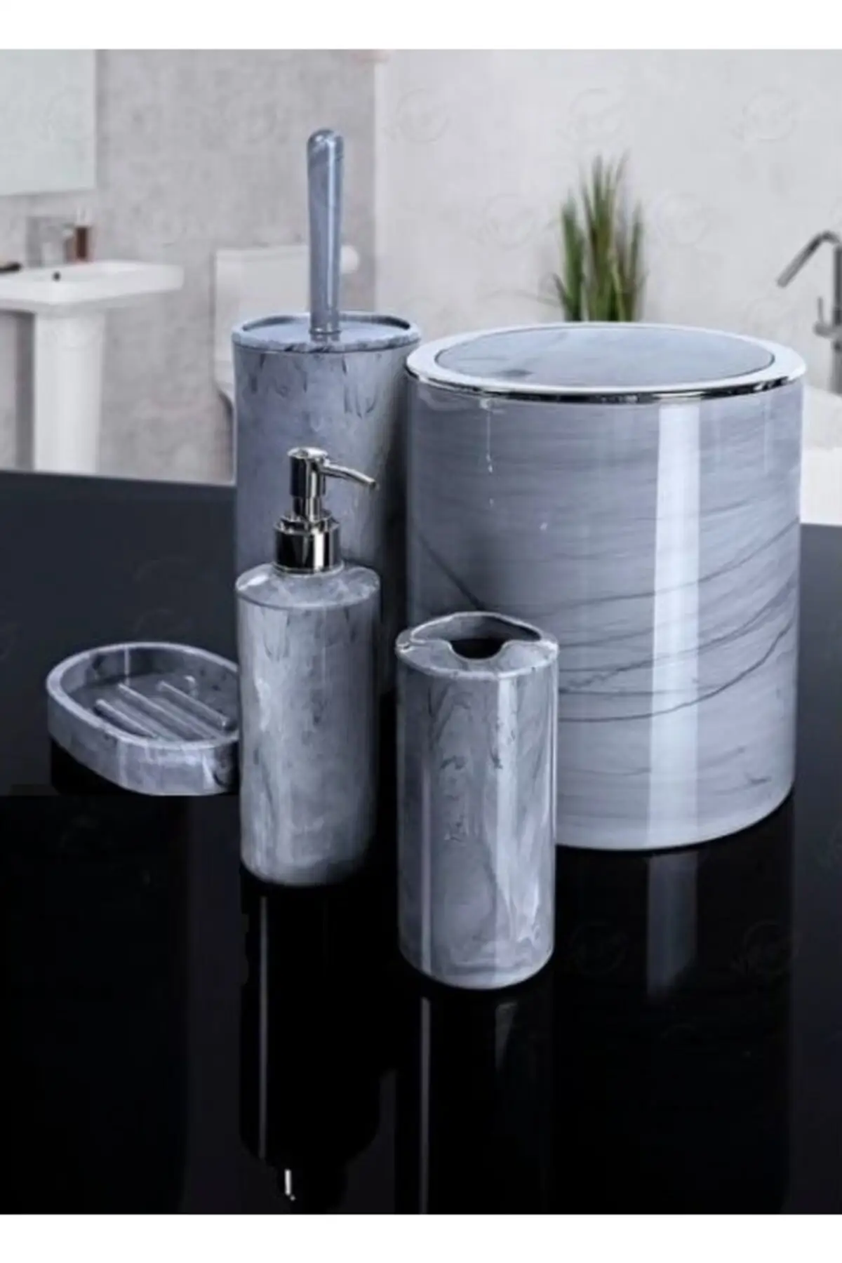 

Marble Pattern Bathroom Set 5 pieces of white Organizer Cleaner Set Bathroom Accessory wc holder trash bin soap brush