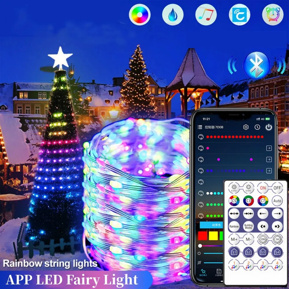 عيد الميلاد LED ضوء سلسلة RGB BT APP صوت التحكم عن بعد في الهواء الطلق مقاوم للماء عطلة شجرة عيد الميلاد الديكور الجنية أضواء