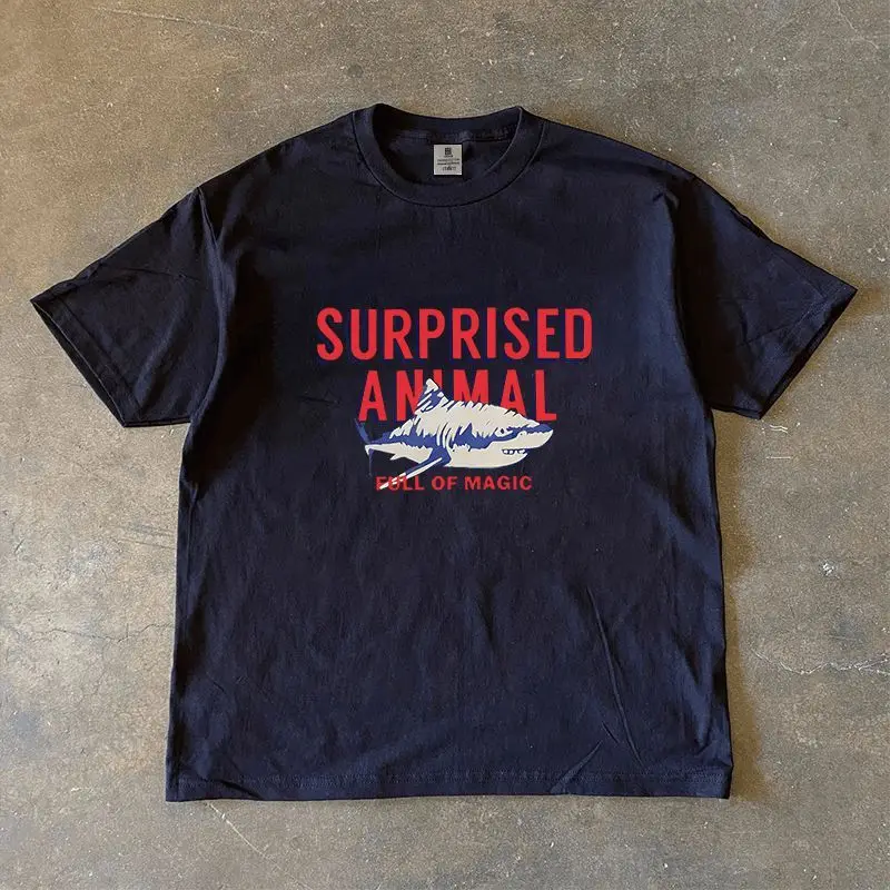 

American High Street Retro Shark Print Loose and Comfortable Pure Cotton Short-sleeved T-shirt for Both Men and Women