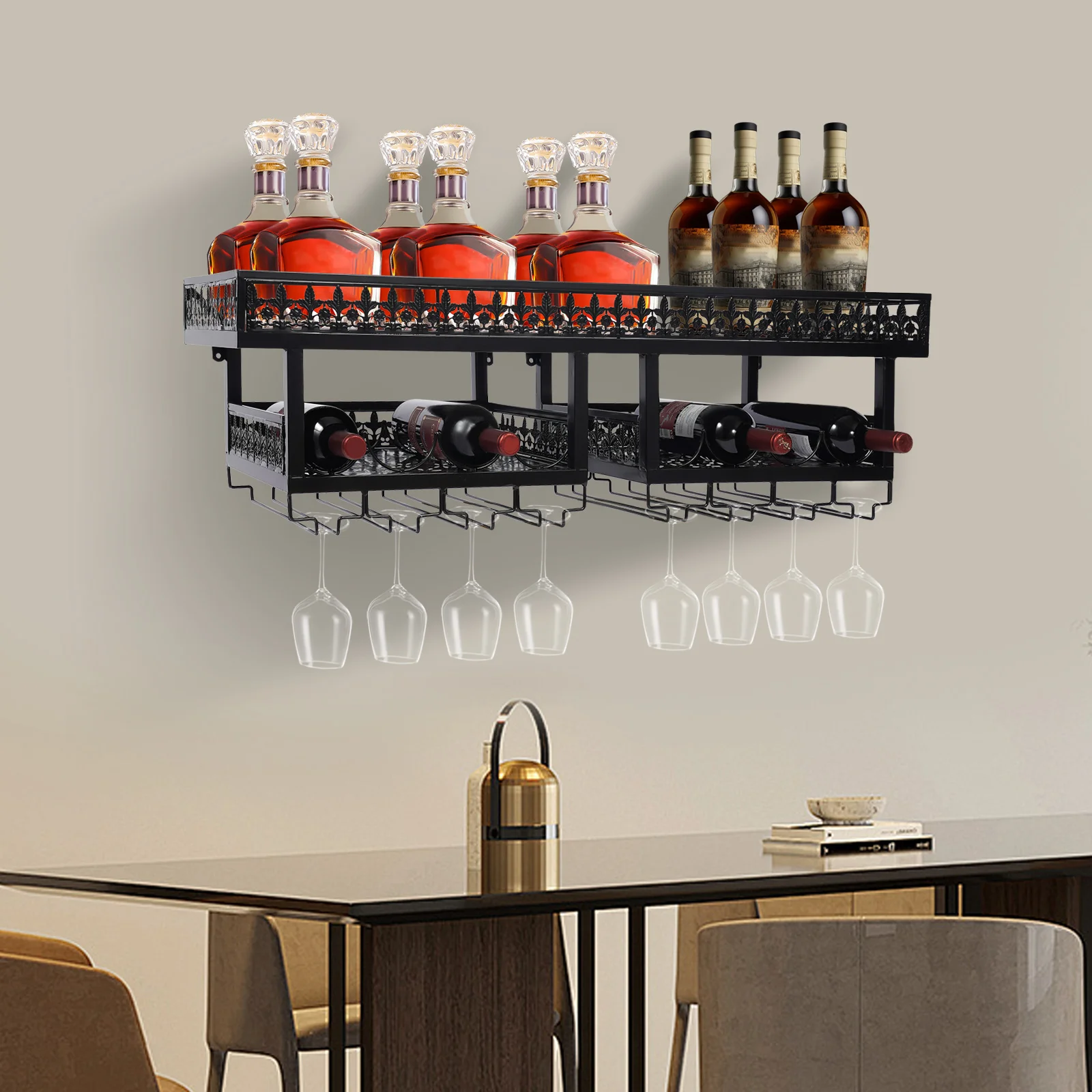 2 Tier Wall Mounted Wine Rack Metal Stemware Glass Storage Hanging Rack Cabinet, Hanging Rack 8 Stem Bottle Holder Bar Home