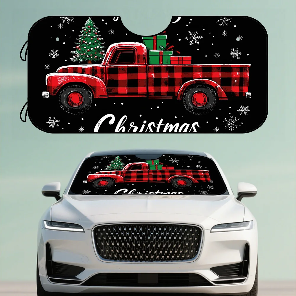 1pc Festive Christmas Truck & Snowflake Design Car Windshield Sunshade - Red Plaid Pickup Truck With Gifts, 