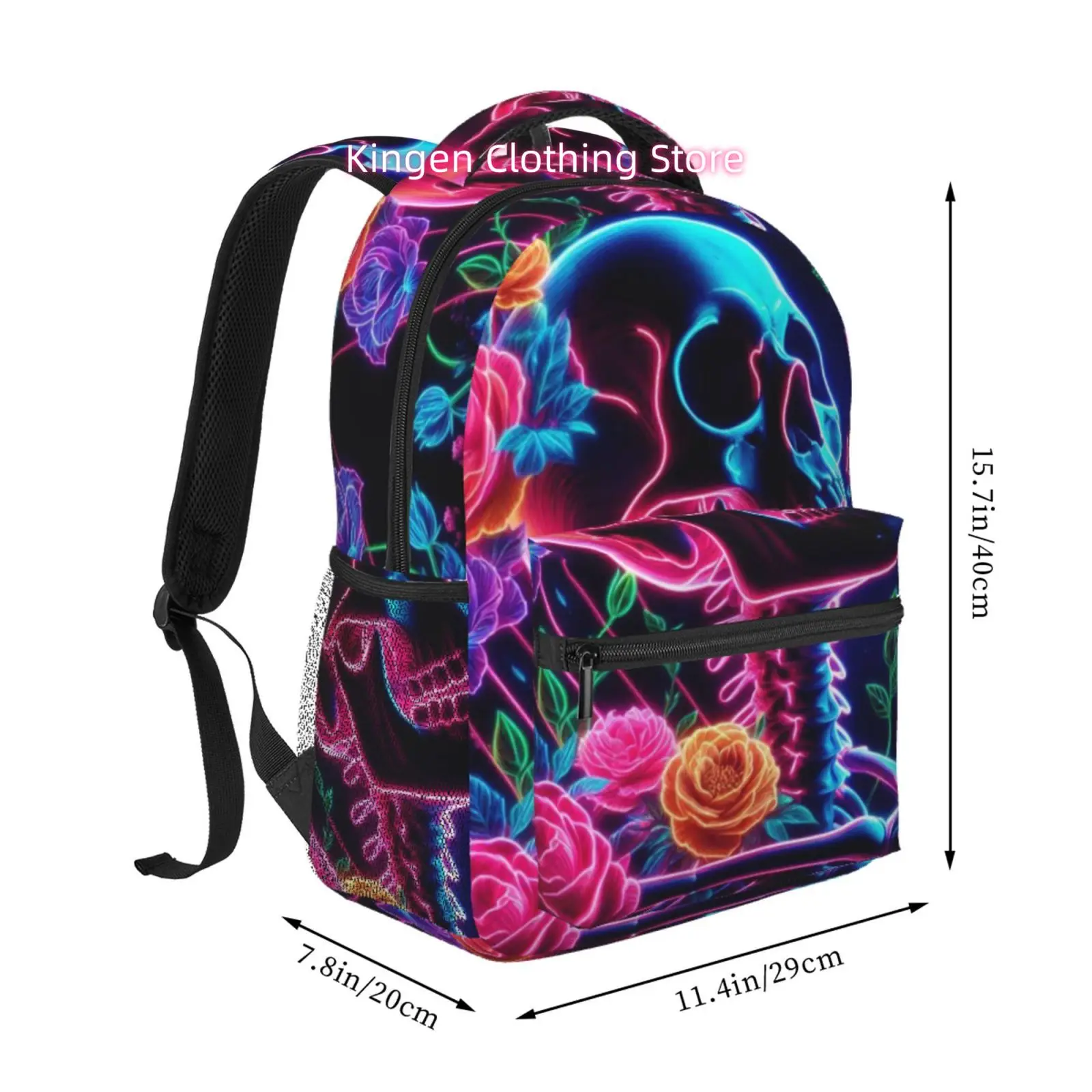 Neon Blue Pink Glowing Rose Skull Cyber Gothic Print Backpack, Oxford Cloth Adjustable Strap Casual Daypack, for Casual Outings,