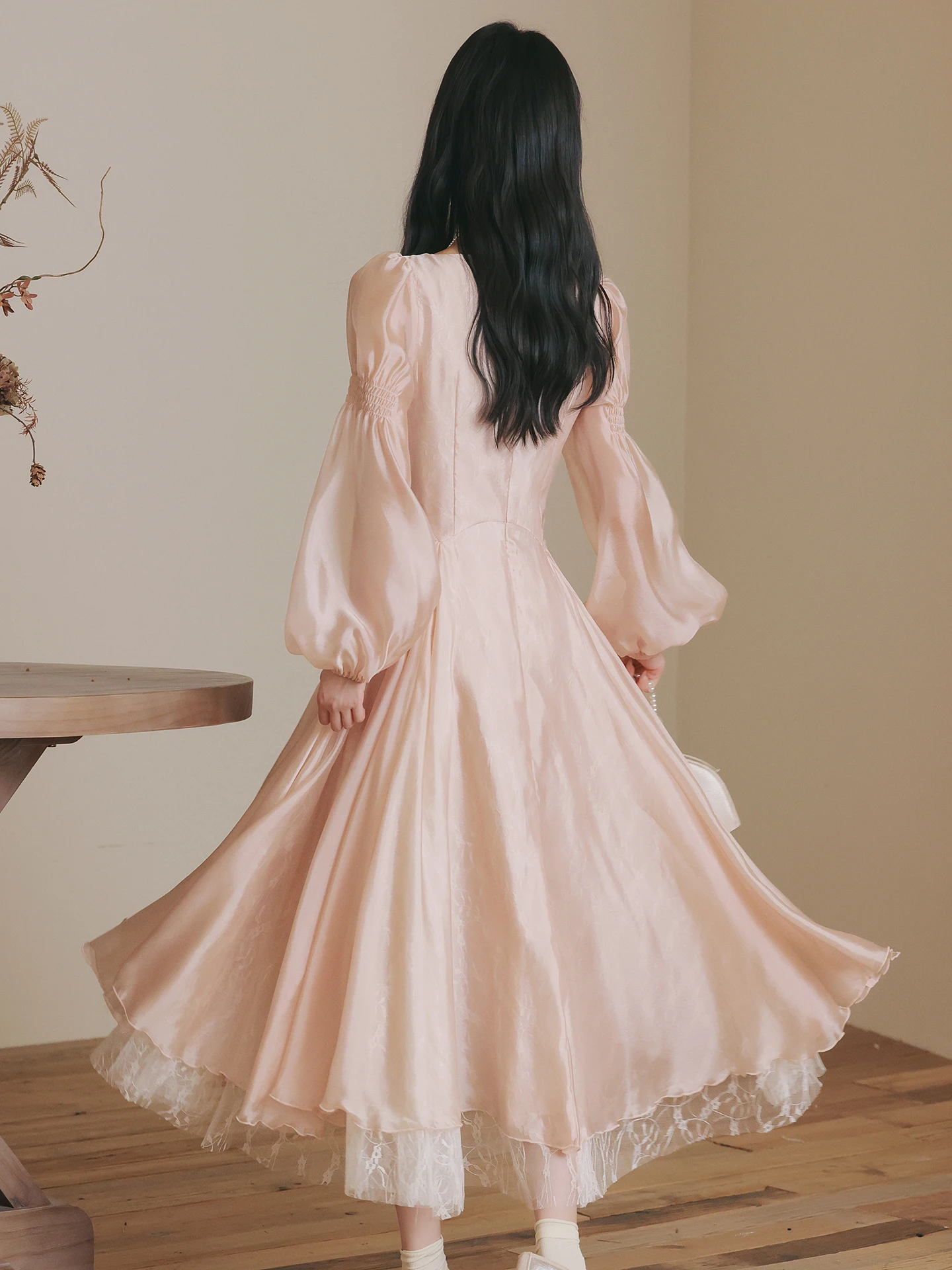 Artistiek Princ Sle Lang Sve Kant Dr Taille Cinched Fairy T Beau Courtly Wind Hoge taille A-lijn Midi Dr