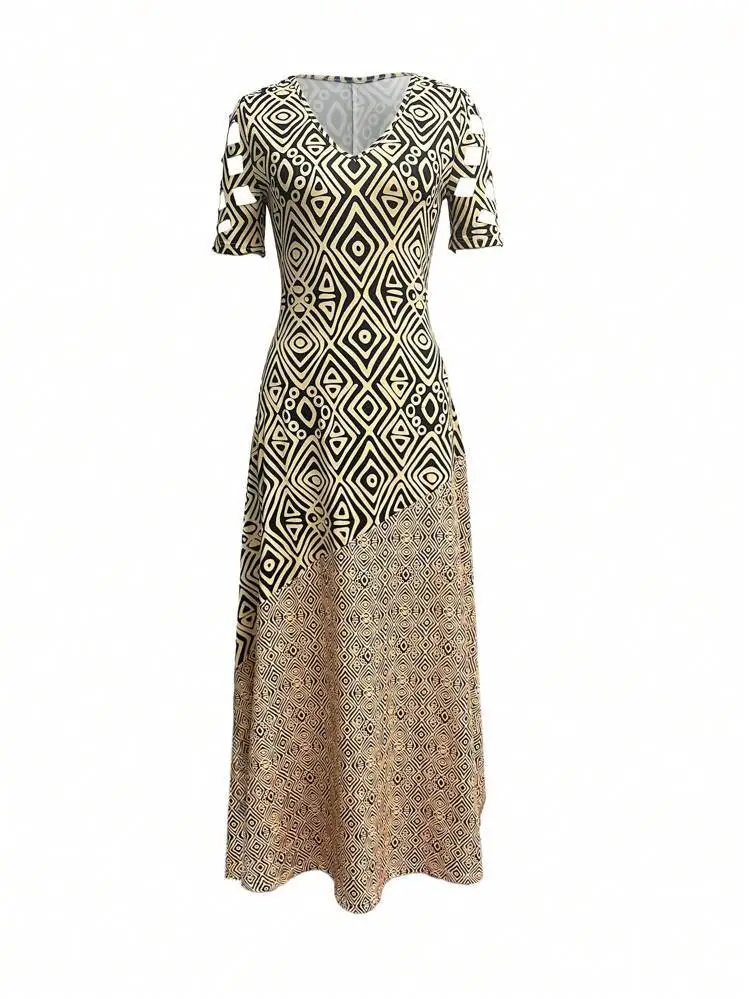 Europeu e americano transfronteiriço verão nova venda quente com decote em v oco boêmio moda vestido impresso saia longa