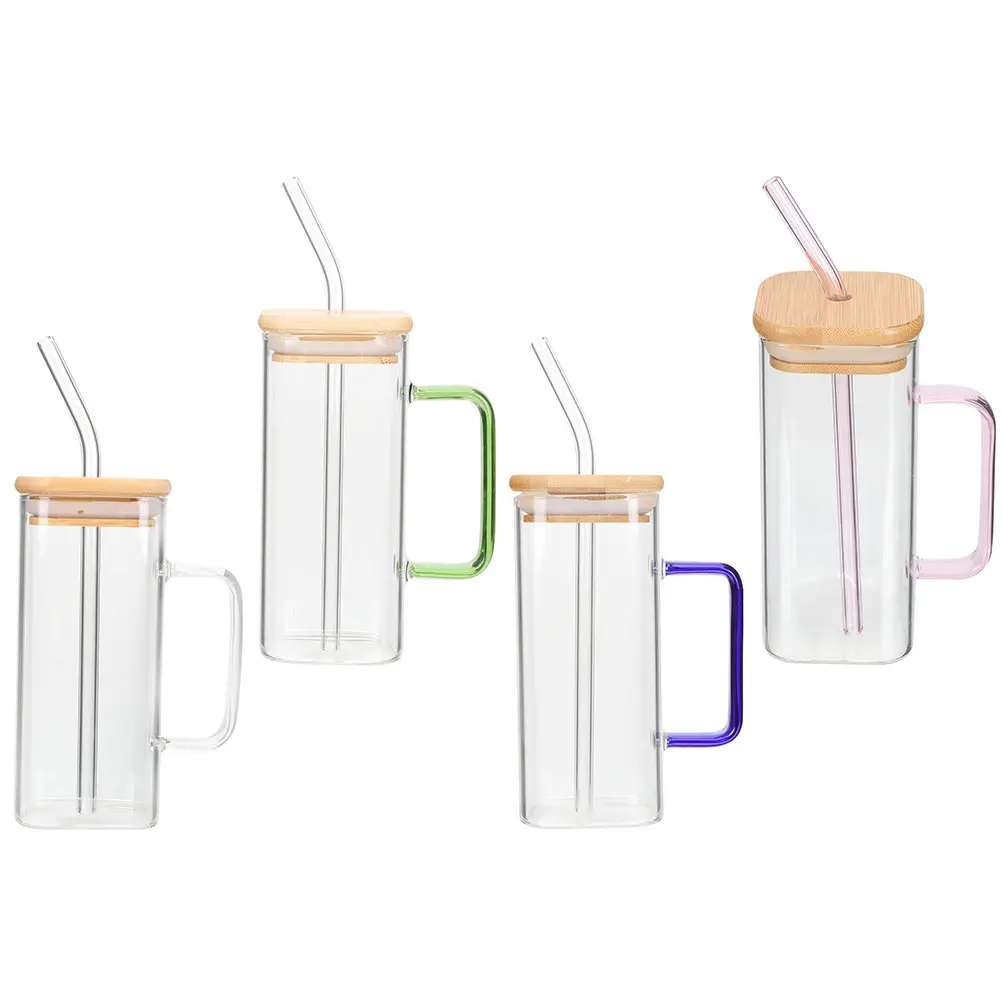 

4 Pcs Tumblers with Lids and Straws Glass Bamboo Cup Clear Cups Small Bottle Coffee Iced